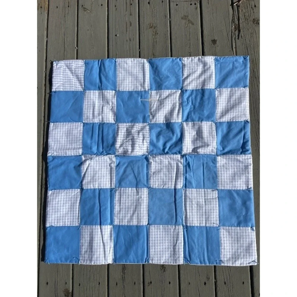 Handmade Blue White Checkerboard Patchwork Quilt Hand Tied Rustic Lap Blanket